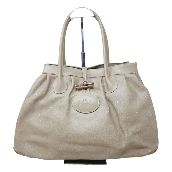 Longchamp Handbags - Longchamp Womens Purse Vtg Beige Leather Bamboo Toggle Shoulder Tote Bag FLAW
